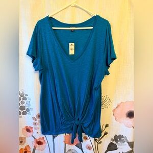 Express Teal Short Sleeve V-Neck Top with a knot